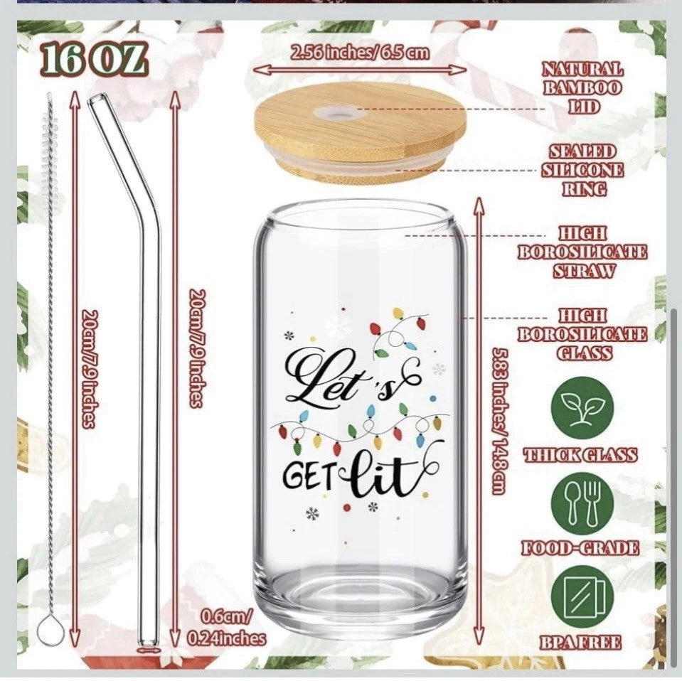 6 Xmas Glasses with Bamboo Lids and Glass Straw 16 Oz Can Shaped Glass | eBay