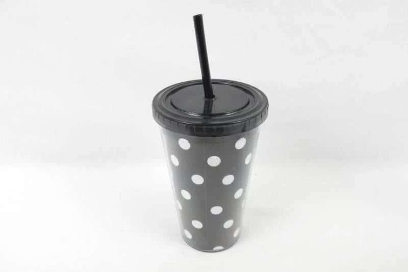 Lot of 3 Tumbler Cups with Straws - Black, White Polka Dot, Purple | eBay