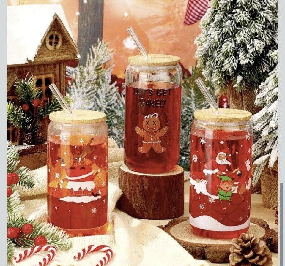 6 Xmas Glasses with Bamboo Lids and Glass Straw 16 Oz Can Shaped Glass | eBay