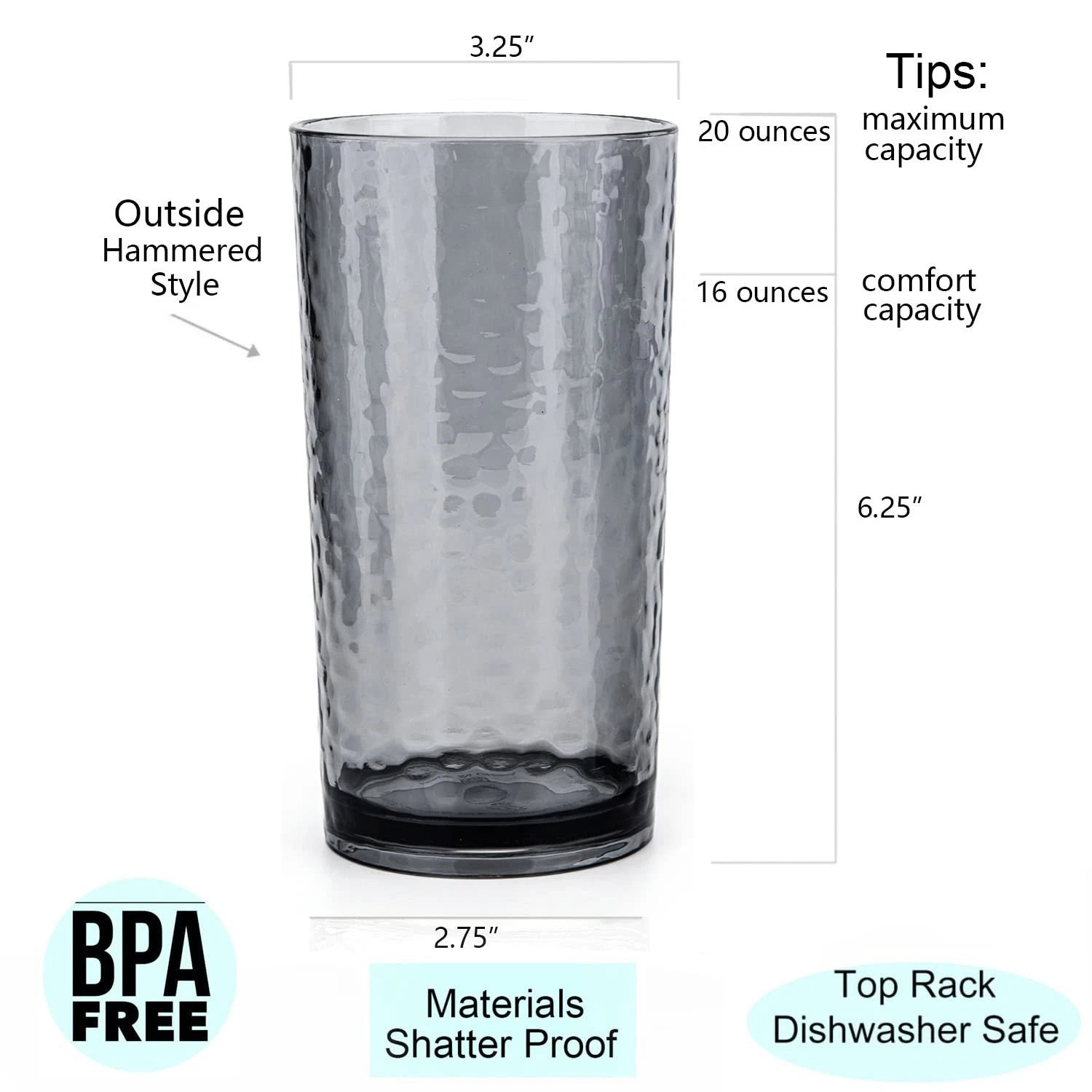 KX-WARE BPA-Free 20oz Hammered Acrylic Tumblers, Set of 6, Smoky Grey, Dishwa... | eBay