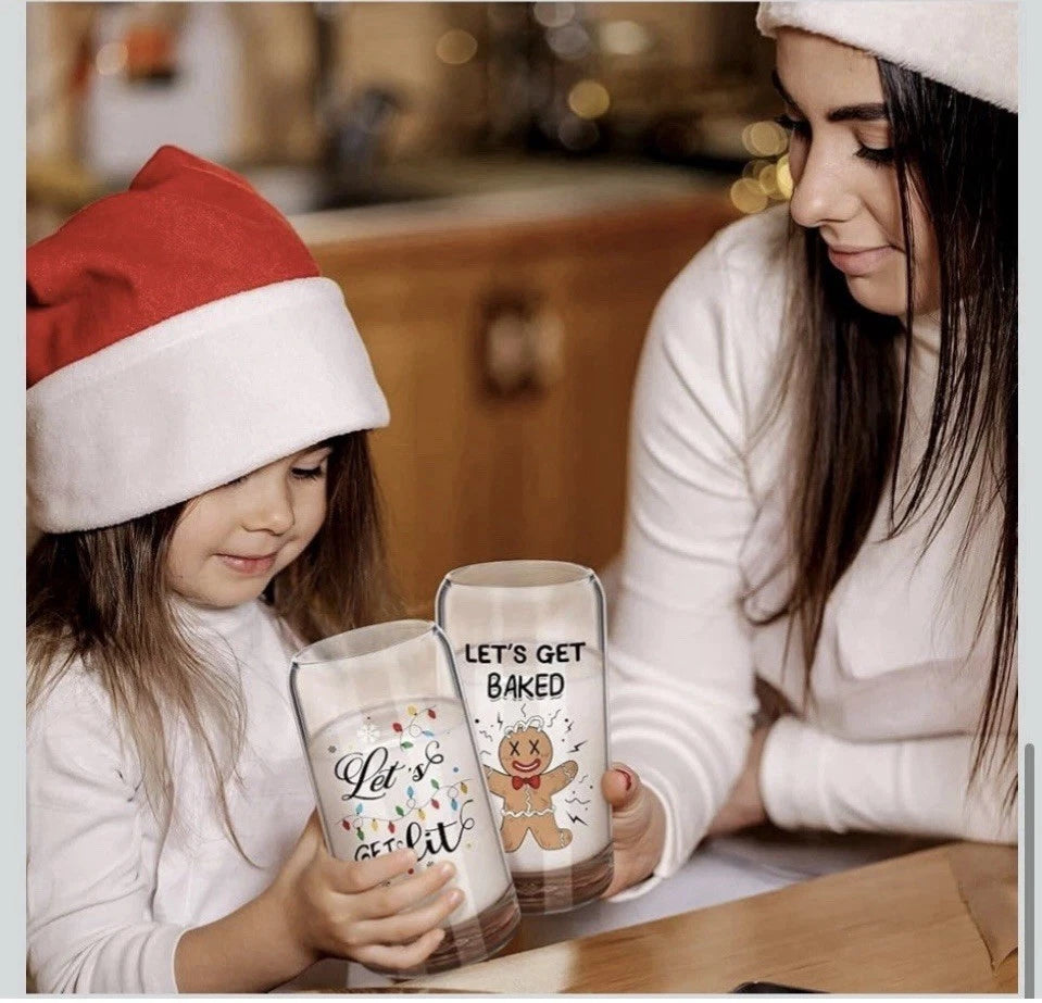 6 Xmas Glasses with Bamboo Lids and Glass Straw 16 Oz Can Shaped Glass | eBay