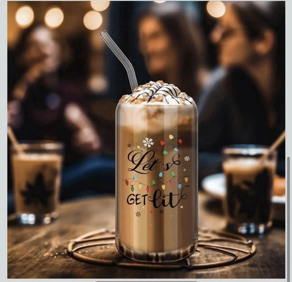 6 Xmas Glasses with Bamboo Lids and Glass Straw 16 Oz Can Shaped Glass | eBay