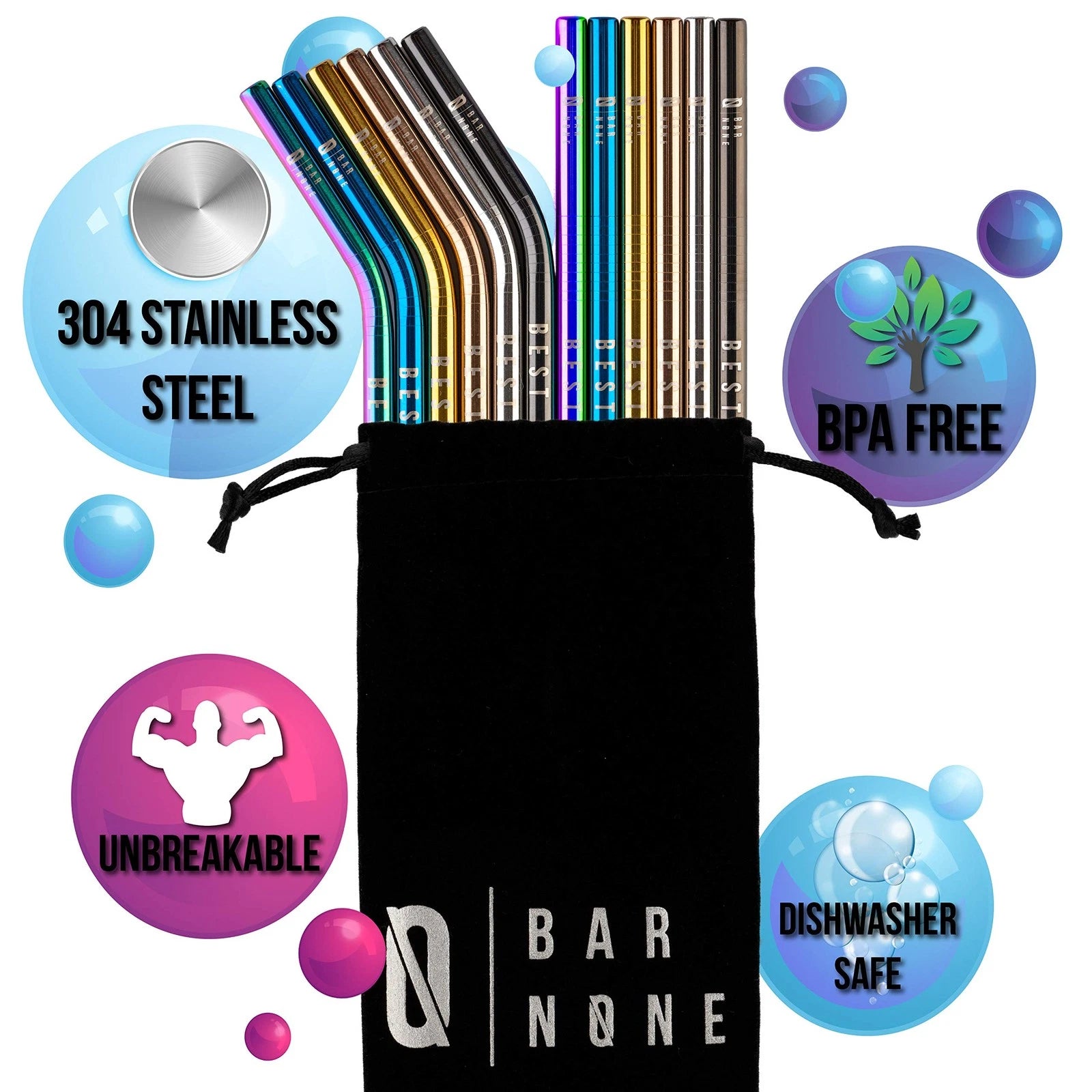 BAR NONE Best Straws Set of 12 | 10.5" Long Wide Rainbow Multi Colored Stainl... | eBay