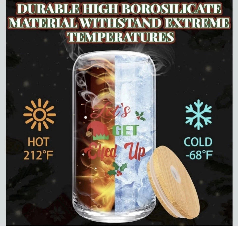 6 Xmas Glasses with Bamboo Lids and Glass Straw 16 Oz Can Shaped Glass | eBay