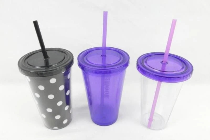 Lot of 3 Tumbler Cups with Straws - Black, White Polka Dot, Purple | eBay