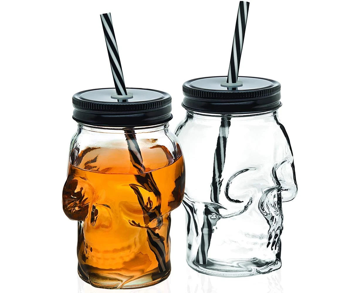 Skull Mason Jar Mug Glass Tumbler Glass Cups with Cover and Straw, Halloween | eBay