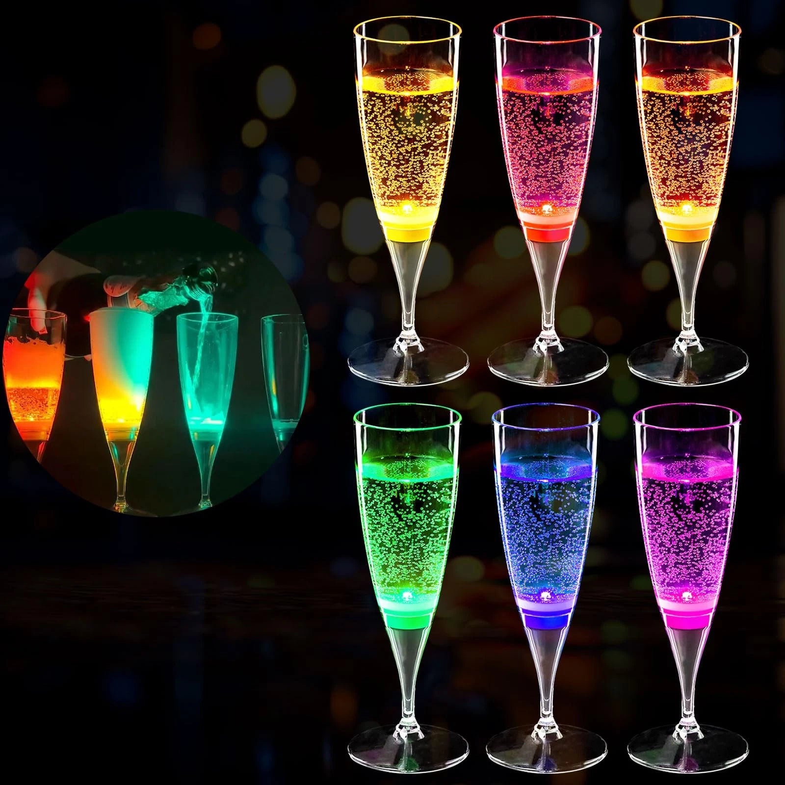 LED Champagne Flutes (Set of 6 Multi-Color), Water Liquid Activated Light Up ... | eBay