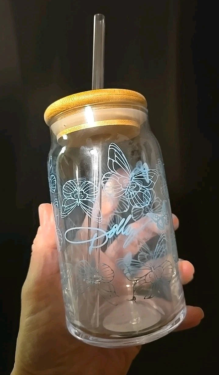 (2) DOLLY PARTON Glass Can Coffee Tumblers with Wooden Lid & Straws NEW 🦋 Blue | eBay
