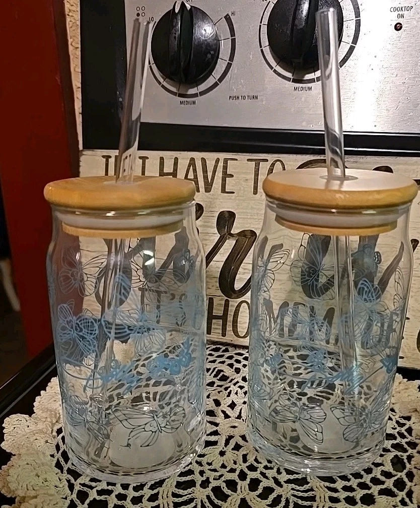(2) DOLLY PARTON Glass Can Coffee Tumblers with Wooden Lid & Straws NEW 🦋 Blue | eBay