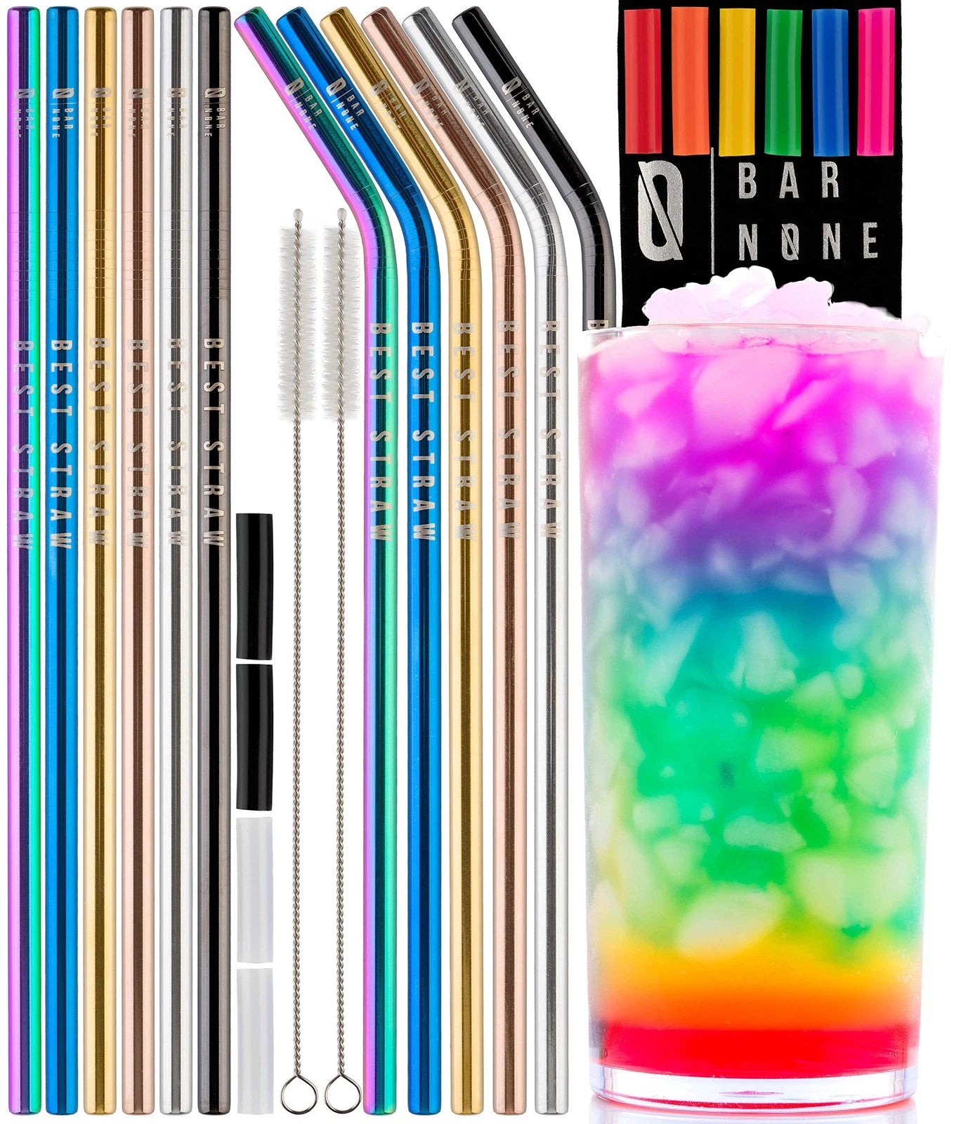 BAR NONE Best Straws Set of 12 | 10.5" Long Wide Rainbow Multi Colored Stainl... | eBay