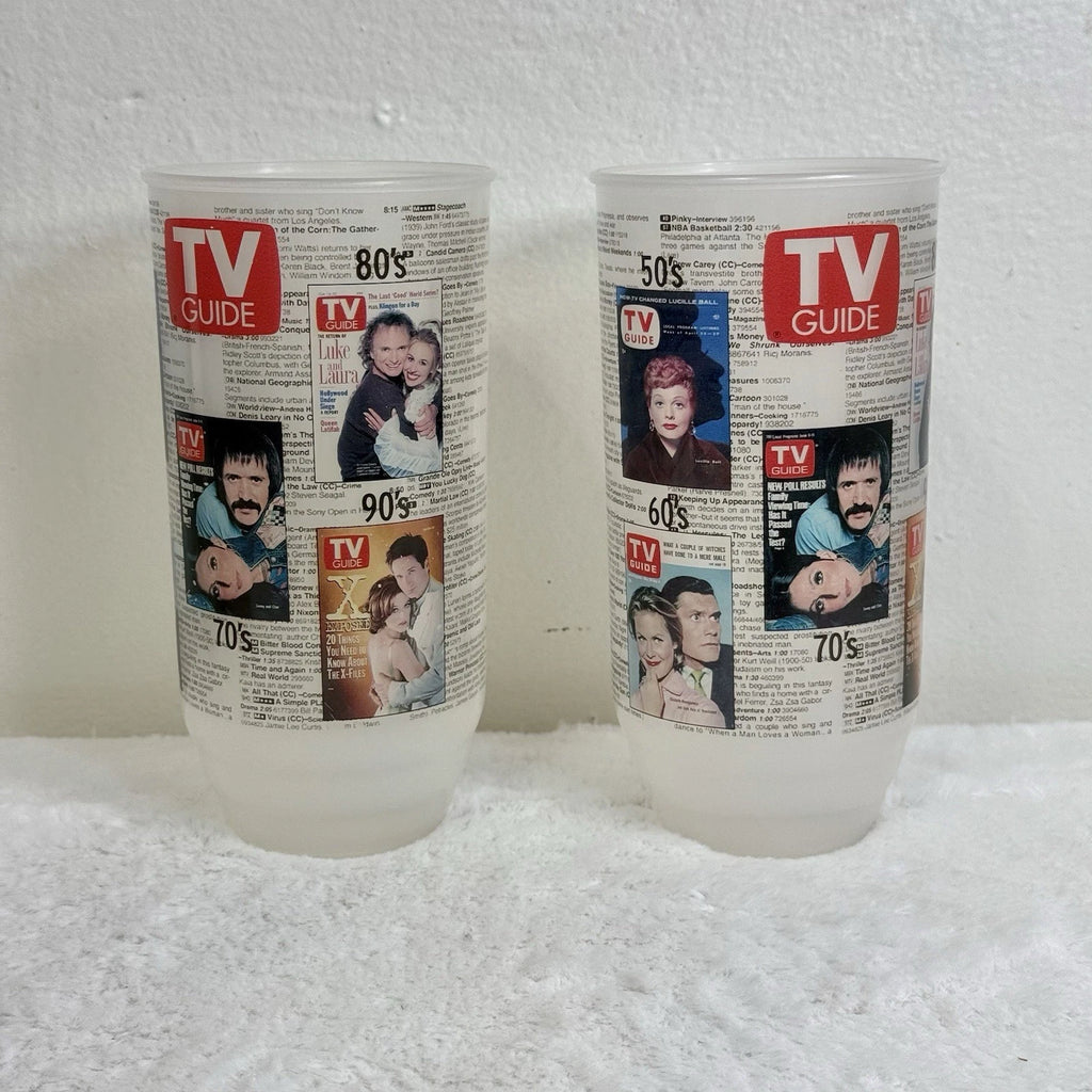 2 Retro TV Guide Plastic Tumblers Glasses Featuring TV Shows 1950's-1990’s | eBay