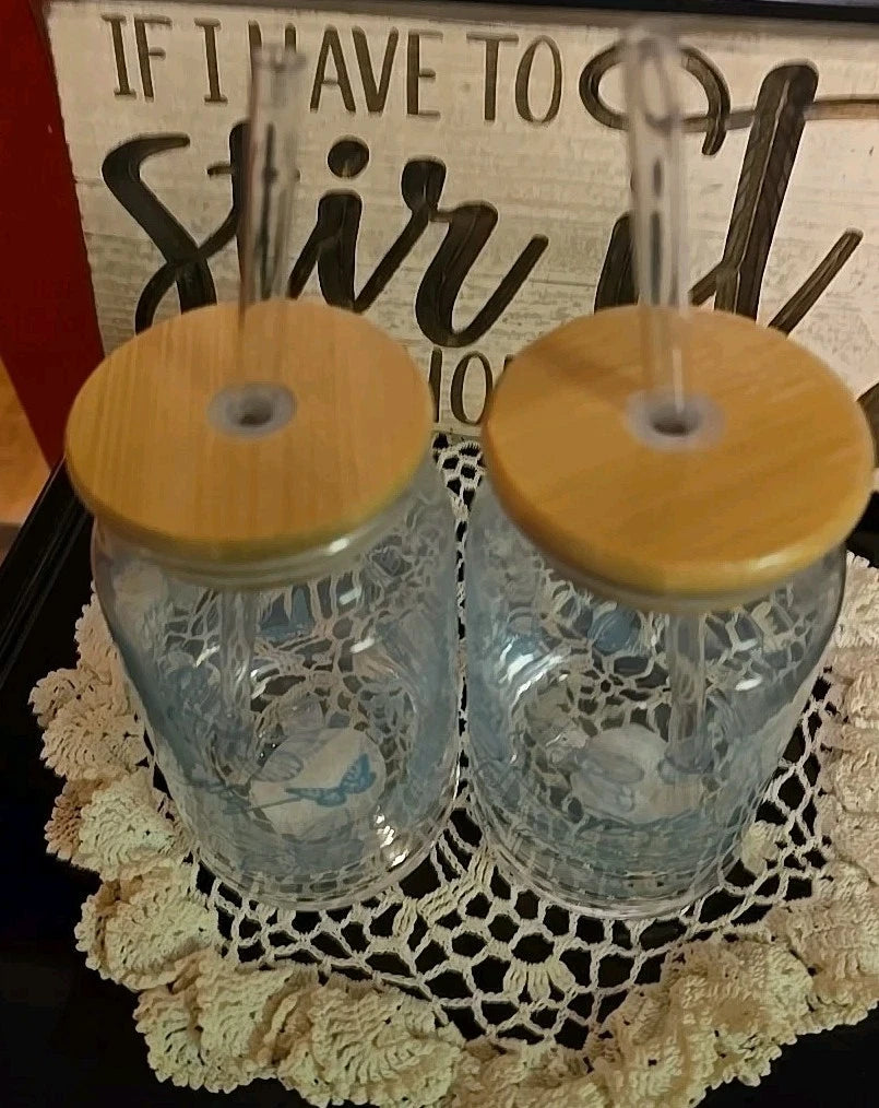 (2) DOLLY PARTON Glass Can Coffee Tumblers with Wooden Lid & Straws NEW 🦋 Blue | eBay
