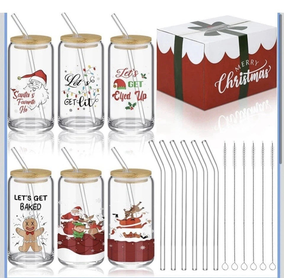 6 Xmas Glasses with Bamboo Lids and Glass Straw 16 Oz Can Shaped Glass | eBay
