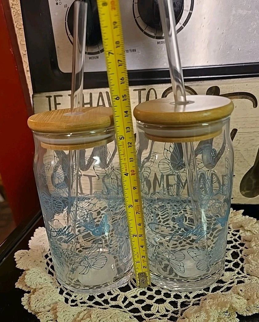 (2) DOLLY PARTON Glass Can Coffee Tumblers with Wooden Lid & Straws NEW 🦋 Blue | eBay
